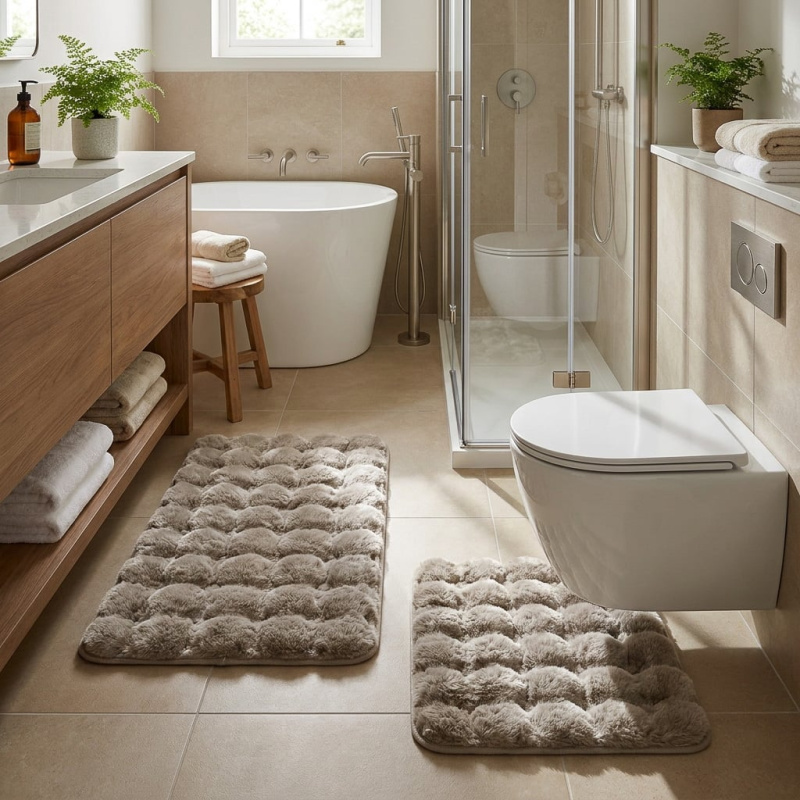 Euromat koupelnová souprava mikrovlákno ARUBA, dlouhý vlas, taupe beige, béžová, 80x50cm (předložka) + 50x40cm (na WC)