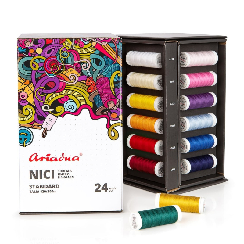 Luxusní sada univerzálních šicích nití TALIA 120/200 m polyesterové, stojánek 24 barev, návin 24x 200m