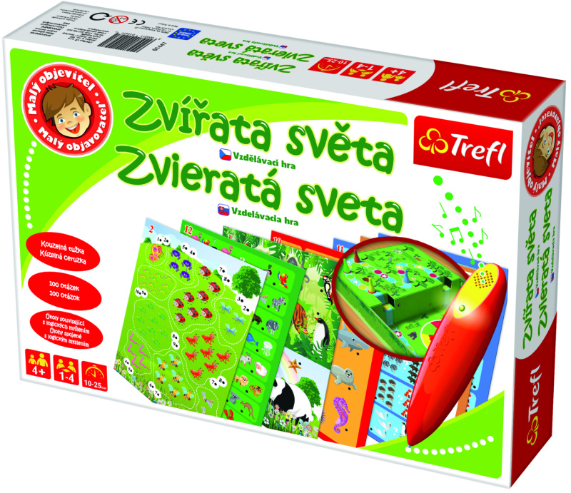 Malý objevitel Zvířata světa + kouzelná tužka edukační společenská hra v krabici 33x23x6cm, Trefl, W84546