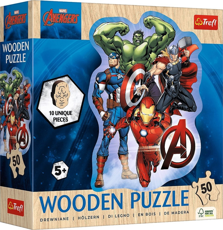 TREFL Dřevěné obrysové puzzle Avengers a jejich dobrodružství 50 dílků