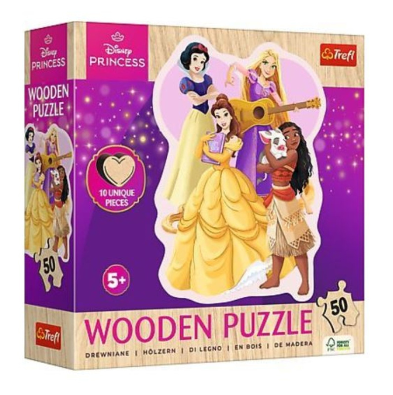TREFL Dřevěné obrysové puzzle Disney: Krásné princezny 50 dílků