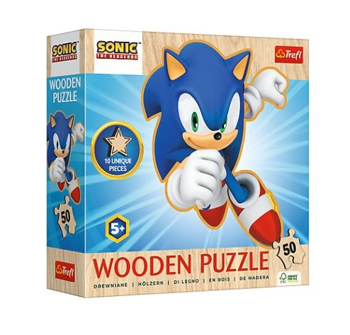 TREFL Dřevěné obrysové puzzle Sonic: Veselý Sonic 50 dílků