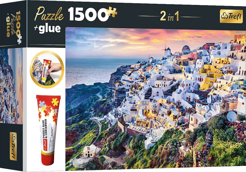 TREFL Sada 2v1 puzzle Nádherný ostrov Santorini, Řecko 1500 dílků s lepidlem