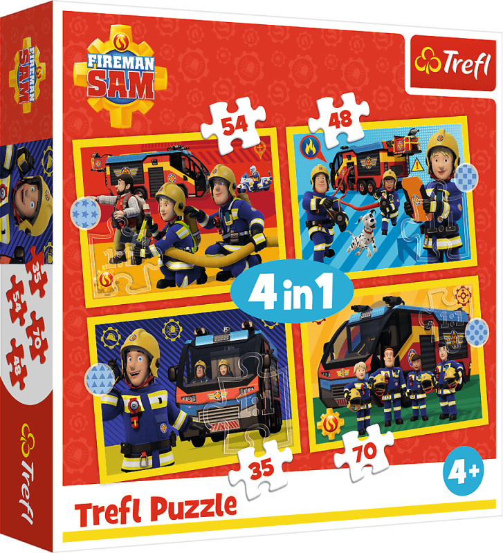 Puzzle 4v1 STRAŻAK SAM – hasiči na výjezdu (35, 48, 54, 70 dílků) Trefl