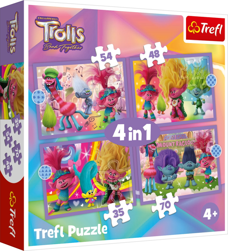 TREFL Puzzle Trollové: Barevné dobrodružství 4v1 (35,48,54,70 dílků)