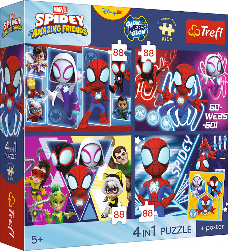 Trefl Spidey a jeho úžasní přátelé – sada puzzle 4×88 dílků s plakátem