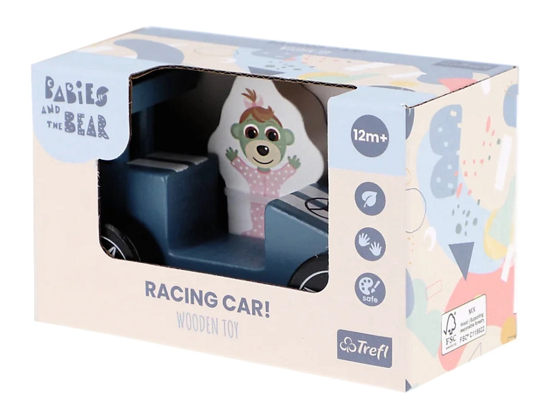 Dřevěné závodní auto modré s figurkou Bobaska