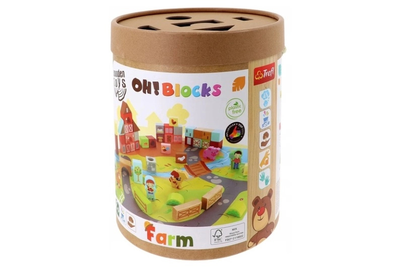 Trefl O!Klocki farma – dřevěné kostky s puzzle podložkou