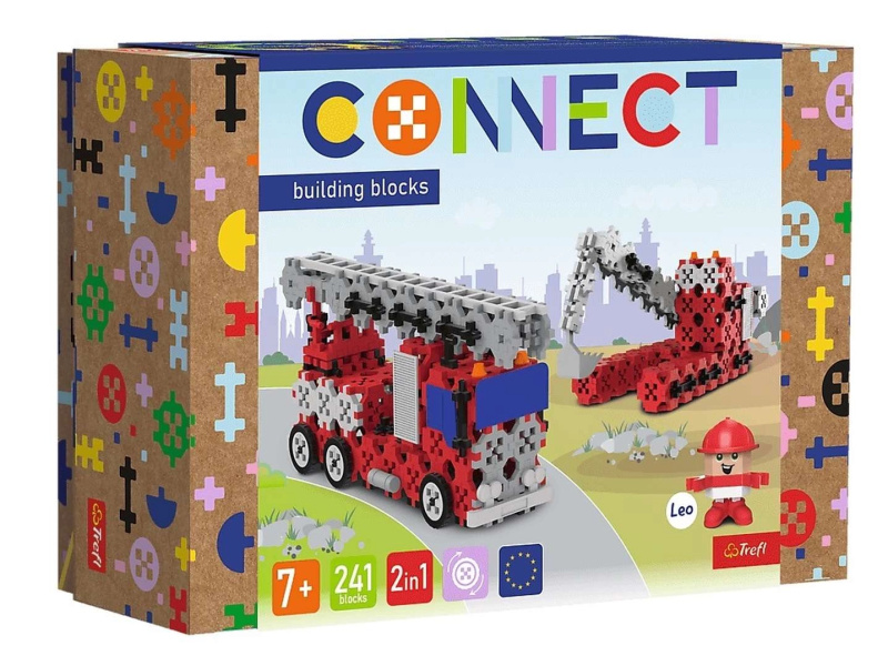 Stavebnice Connect 2v1: hasičský vůz a pásový bagr