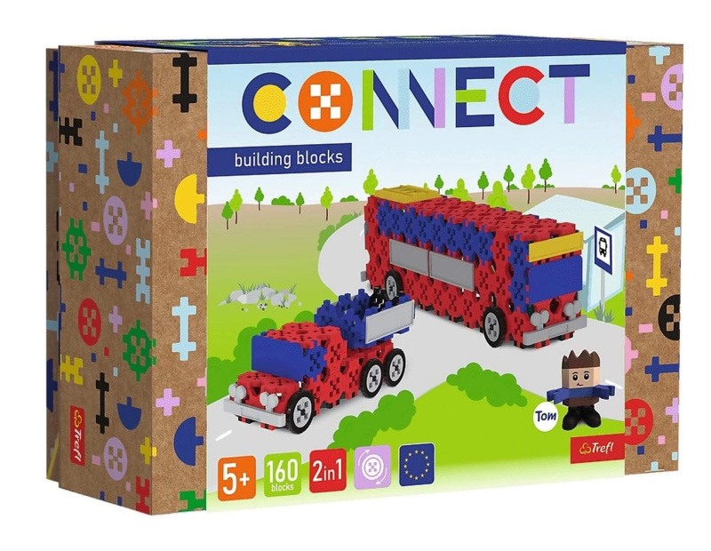 Stavebnice Connect 2v1 autobus a auto s přívěsem Trefl