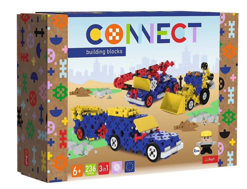 Stavebnice 3v1 stavební stroje a SUV s přívěsem TREFL Connect