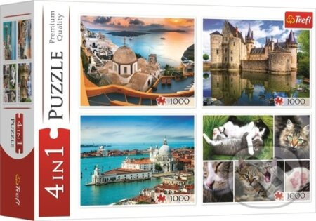 Puzzle Santorini, Benátky, Zámek Sully-sur-Loire a Kočky - puzzle z kategorie Přírodní scenérie