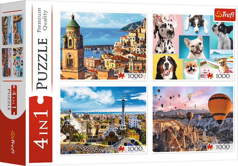 TREFL Puzzle Amalfi, Psí portréty, Balony nad Kapadokií a Park Güell 4x1000 dílků