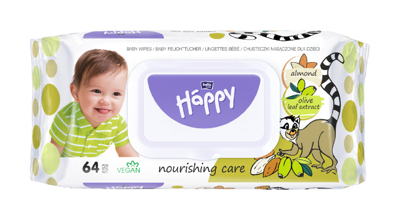 Bella Baby Happy Almond and Olive Leaf extract vlhčené čisticí ubrousky pro děti 64 ks