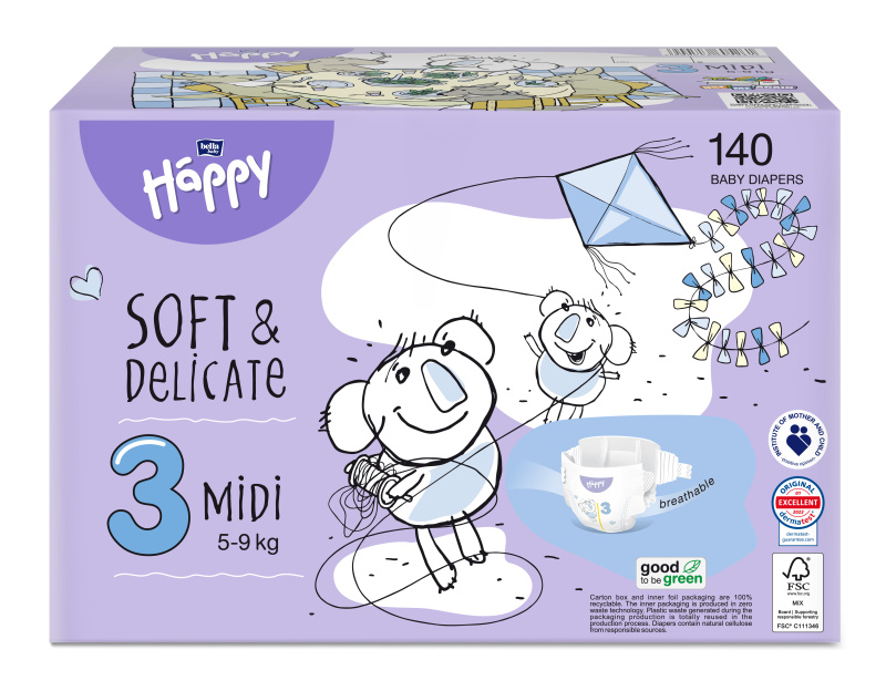 Bella Baby Happy Soft&Delicate 3 Midi 5-9 kg dětské pleny box 140 ks