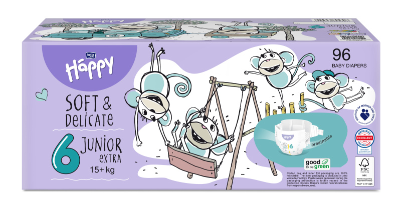 Bella Baby Happy Soft&Delicate 6 Junior Extra 15+ kg dětské pleny box 96 ks