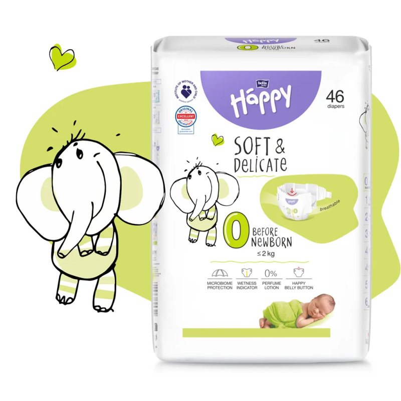 Bella Baby Happy Soft&Delicate Size 0 Before Newborn jednorázové pleny ≤ 2 kg 46 ks