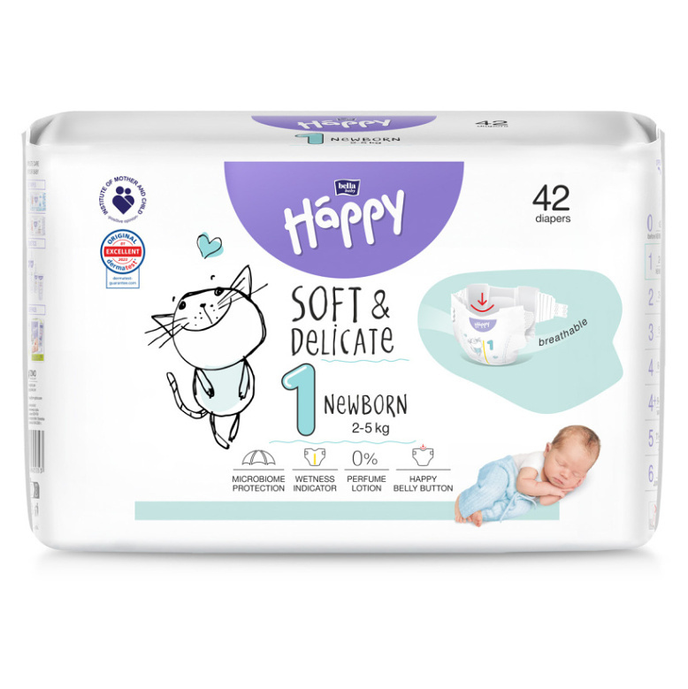 Bella Baby Happy Soft&Delicate Size 1 Newborn jednorázové pleny 2-5 kg 42 ks