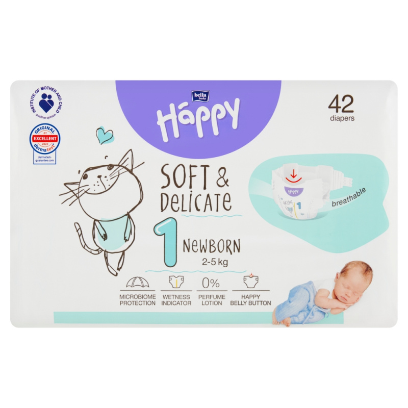 Bella Baby Happy Soft&Delicate Size 1 Newborn jednorázové pleny 2-5 kg 42 ks