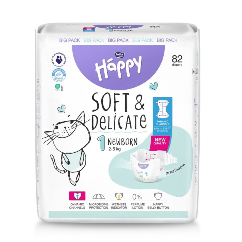 Bella Baby Happy Soft&Delicate Size 1 Newborn jednorázové pleny 2-5 kg 82 ks