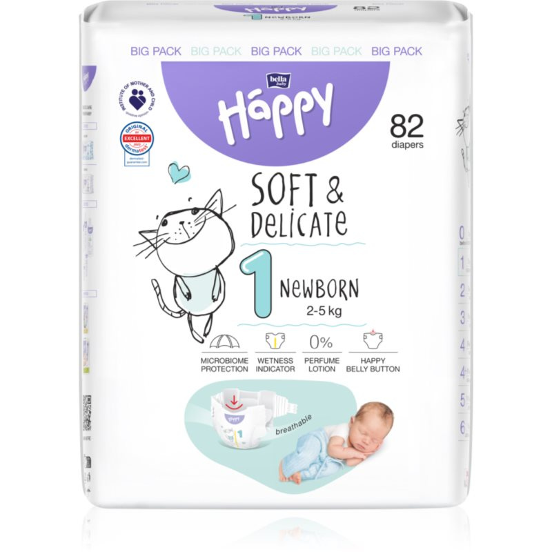 Bella Baby Happy Soft&Delicate Size 1 Newborn jednorázové pleny 2-5 kg 82 ks