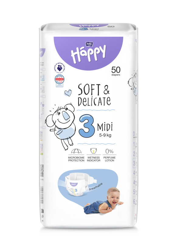 BELLA Baby Happy Soft&Delicate Size 3 MIdi jednorázové pleny 5-9 kg 50 ks