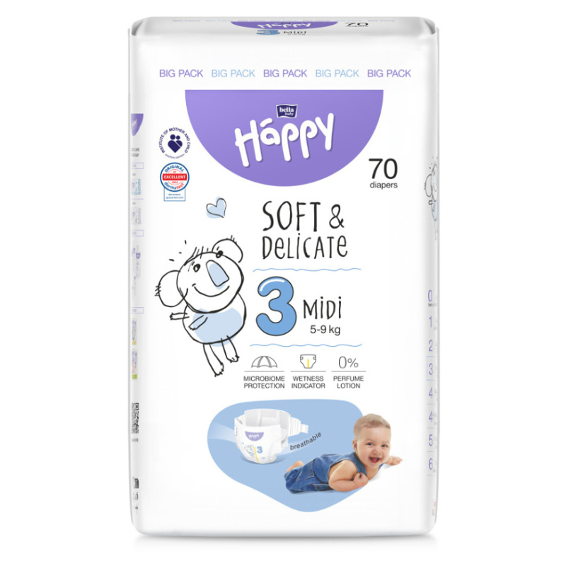 BELLA Baby Happy Soft&Delicate Size 3 MIdi jednorázové pleny 5-9 kg 70 ks
