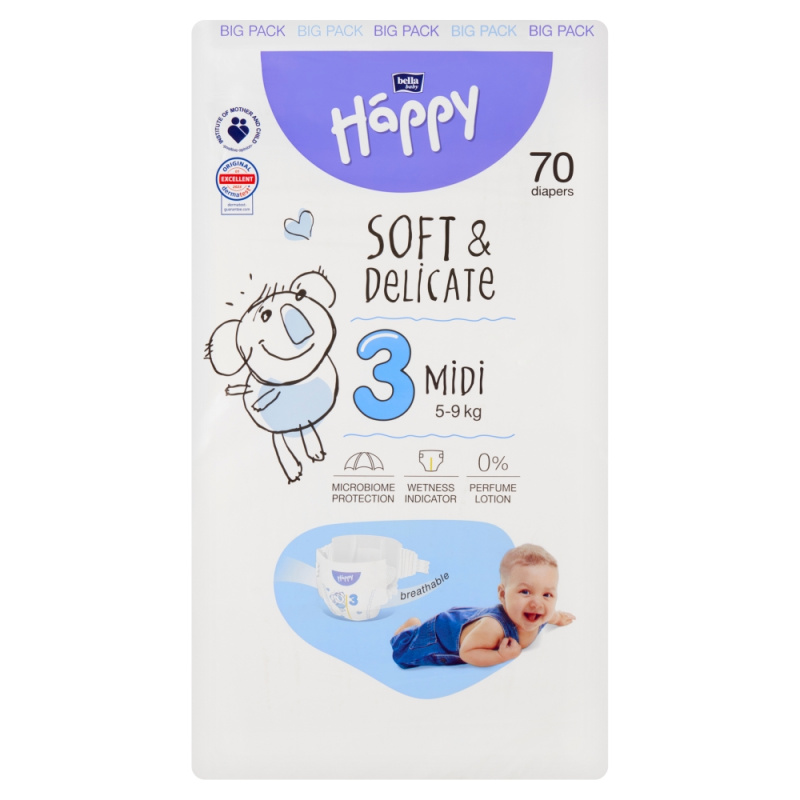 BELLA Baby Happy Soft&Delicate Size 3 MIdi jednorázové pleny 5-9 kg 70 ks