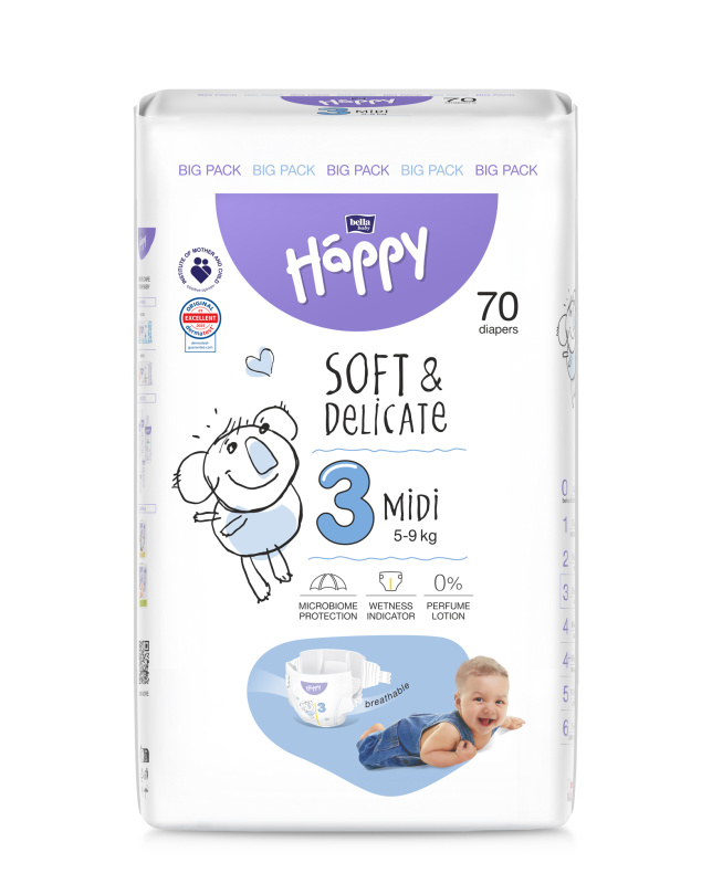 BELLA Baby Happy Soft&Delicate Size 3 MIdi jednorázové pleny 5-9 kg 70 ks