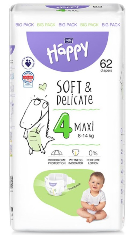 Bella Baby Happy Soft&Delicate Size 4 Maxi jednorázové pleny 8-14 kg 62 ks