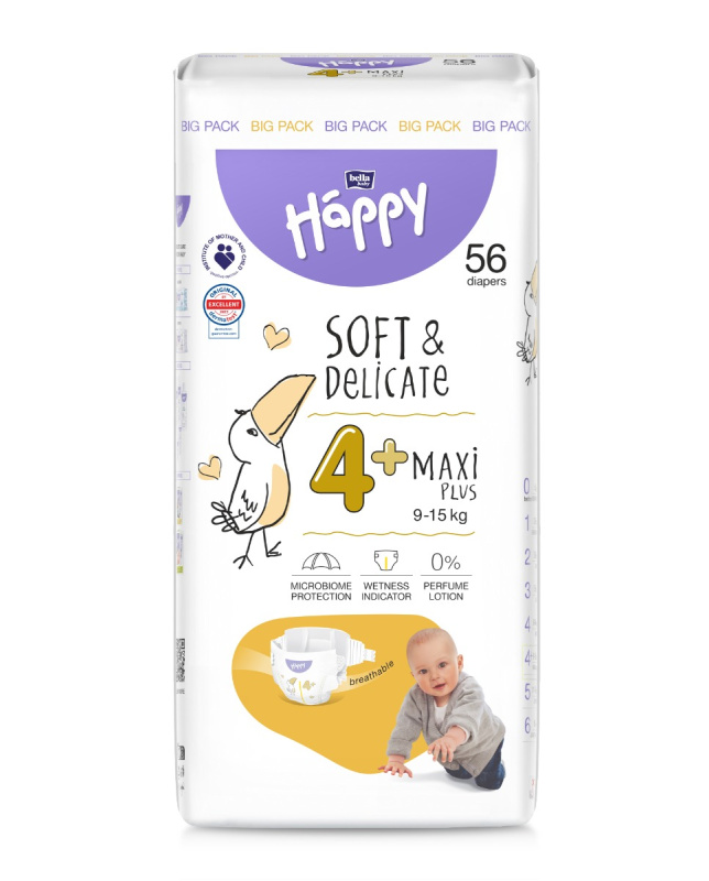 BELLA Baby Happy Soft&Delicate Size 4+ Maxi Plus jednorázové pleny 9-15 kg 56 ks
