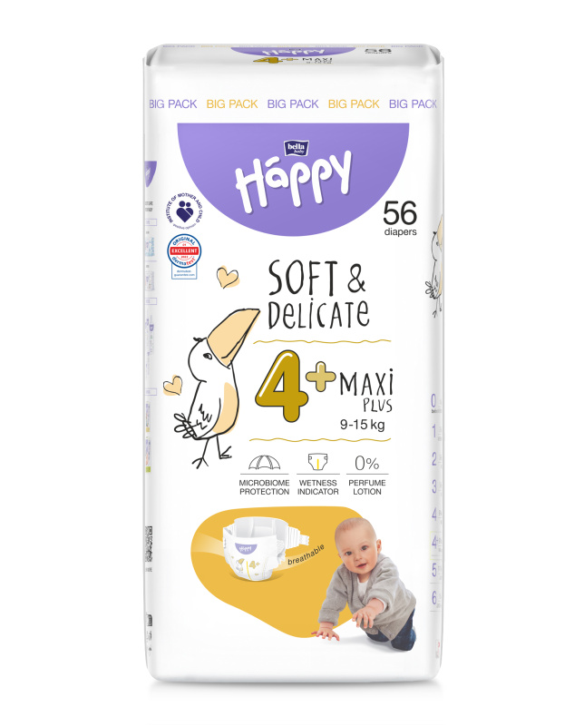 BELLA Baby Happy Soft&Delicate Size 4+ Maxi Plus jednorázové pleny 9-15 kg 56 ks