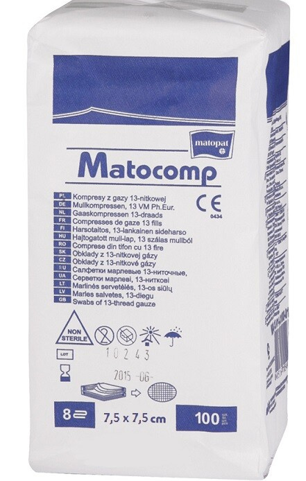 MATOCOMP komprese z gázy 7,5x7,5 cm 100 kusů
