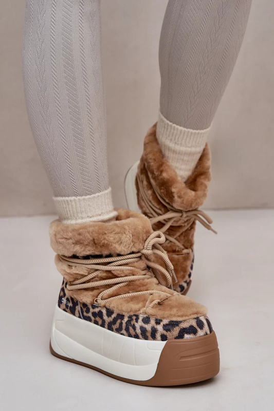 Kožené Dámské Sněhule Na Silné Podešvi S Kožešinou Leopard Big Star Hnědé Velikost: 38