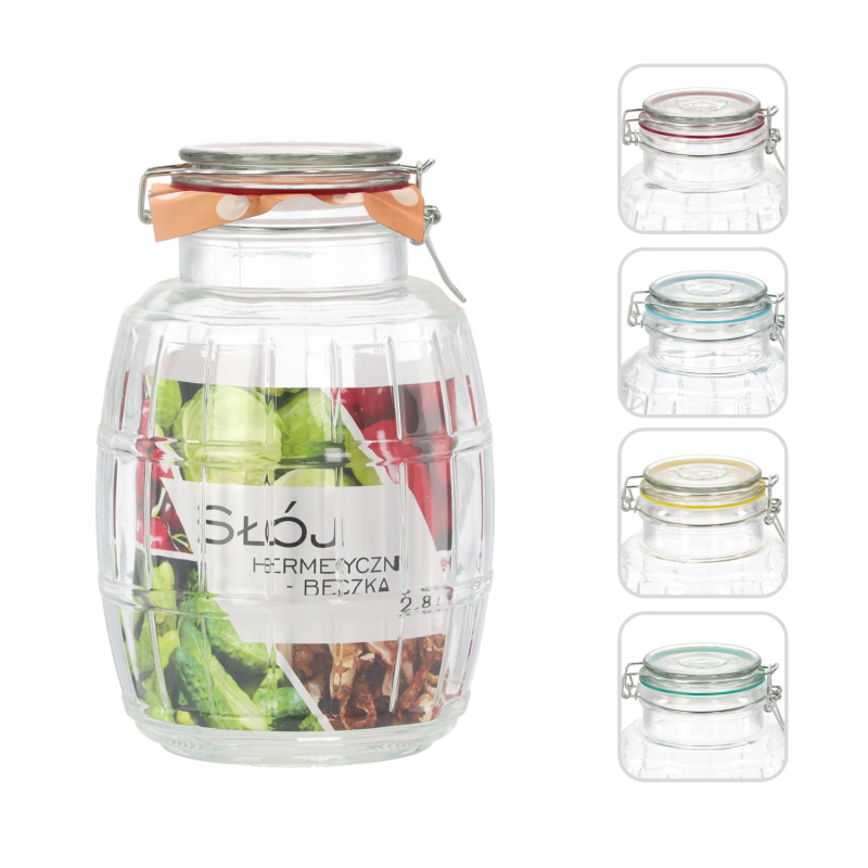 Skleněná dóza 2,8 l hermeticky uzavíratelná – tvar sudu