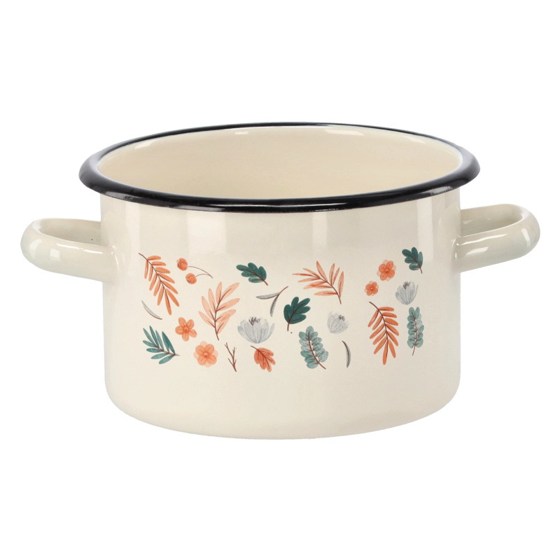 marka niezdefiniowana Enamelovaný hrnec 2 l 16 cm krémové listy *2341