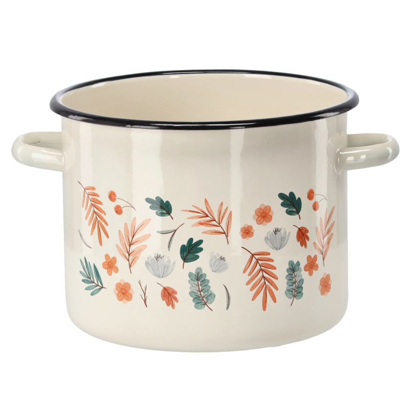 marka niezdefiniowana Emailem potažený hrnec 5,5 l 22 cm krémový s listy *2402