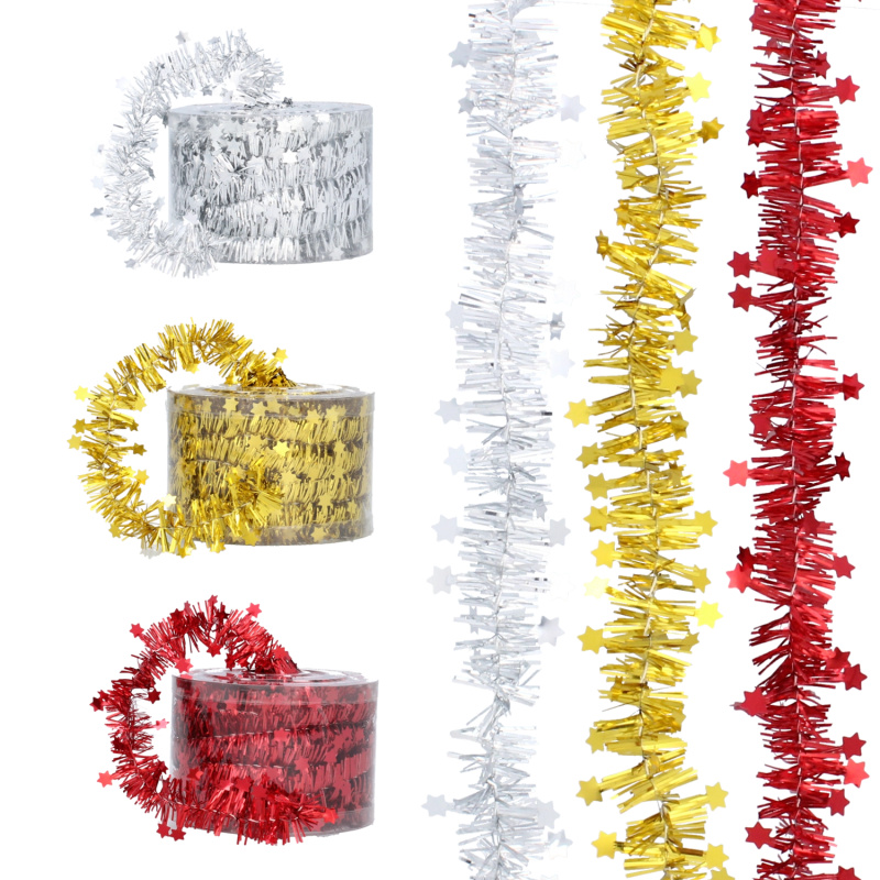 Vánoční třásňový řetěz s hvězdičkami 7 m – červený, zlatý a stříbrný