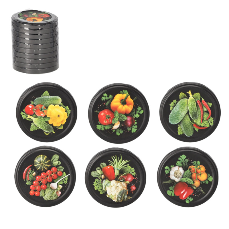 Sada matných černých víček na zavařování 82 mm s motivem zeleniny, 10 ks