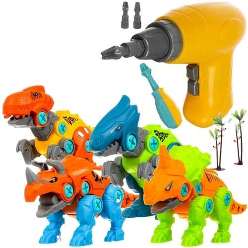 Sada konstrukčních dinosaurů 4v1 s vrtačkou a šroubovákem pro děti