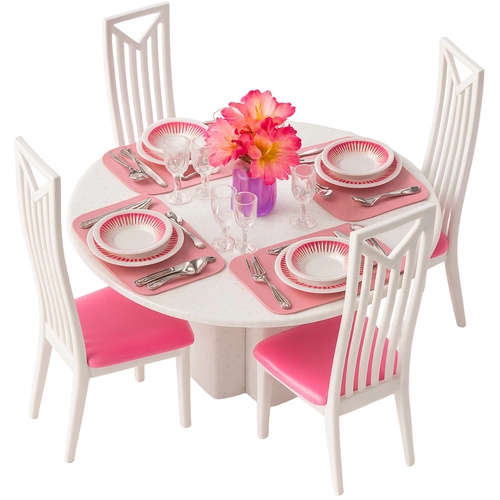 Sada nábytku pro panenky – jídelna se stolem, židlemi a nádobím, 43 dílů