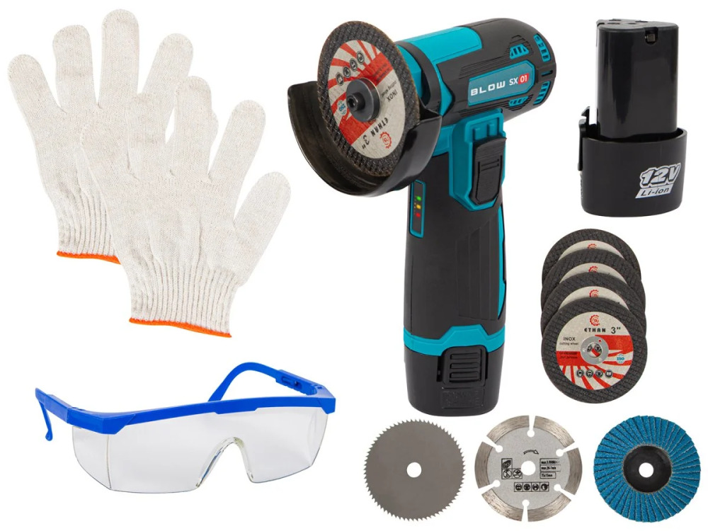 Mini aku úhlová bruska BLOW SX01 - 12V + 2x kotouče + 2x baterie + příslušenství