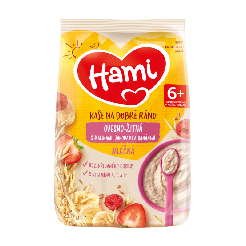 HAMI Mléčná kaše ovesno-žitná s malinami, jahodami a banánem na Dobré ráno 6m+  210 g