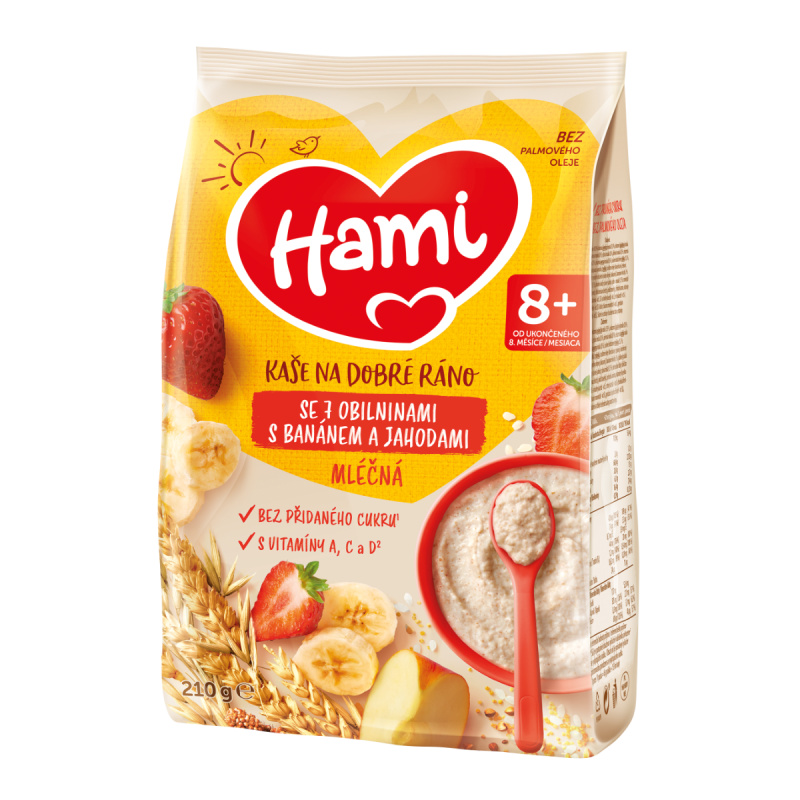 HAMI Mléčná kaše se 7 obilninami s banánem a jahodami na Dobré ráno 8m+  210 g