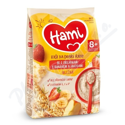 HAMI Mléčná kaše se 7 obilninami s banánem a jahodami na Dobré ráno 8m+  210 g