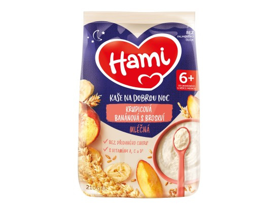 HAMI Mléčná kaše krupicová banánová s broskví na Dobrou noc 210 g
