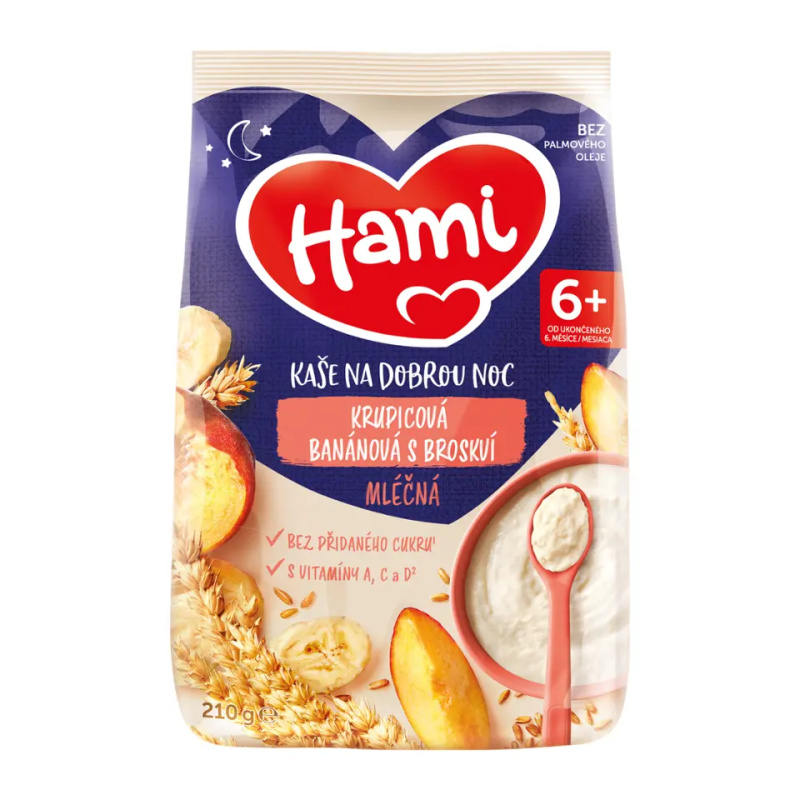 HAMI Mléčná kaše krupicová banánová s broskví na Dobrou noc 210 g