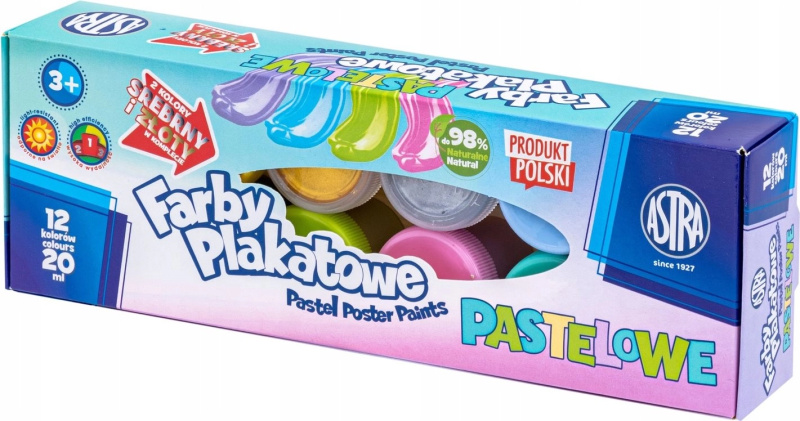 ASTRA pastelové temperové barvy 12×20 ml (2 metalické odstíny)