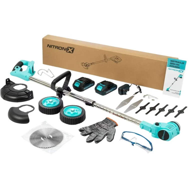 Akumulátorový křovinořez s kolečky NITRONIX + 2x baterie + nože + kotouč + příslušenství