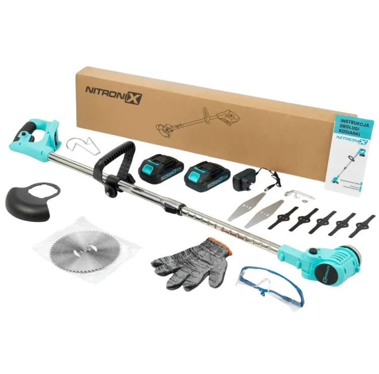 Akumulátorový křovinořez NITRONIX + 2x baterie + nože + kotouč + příslušenství + ochranné pomůcky